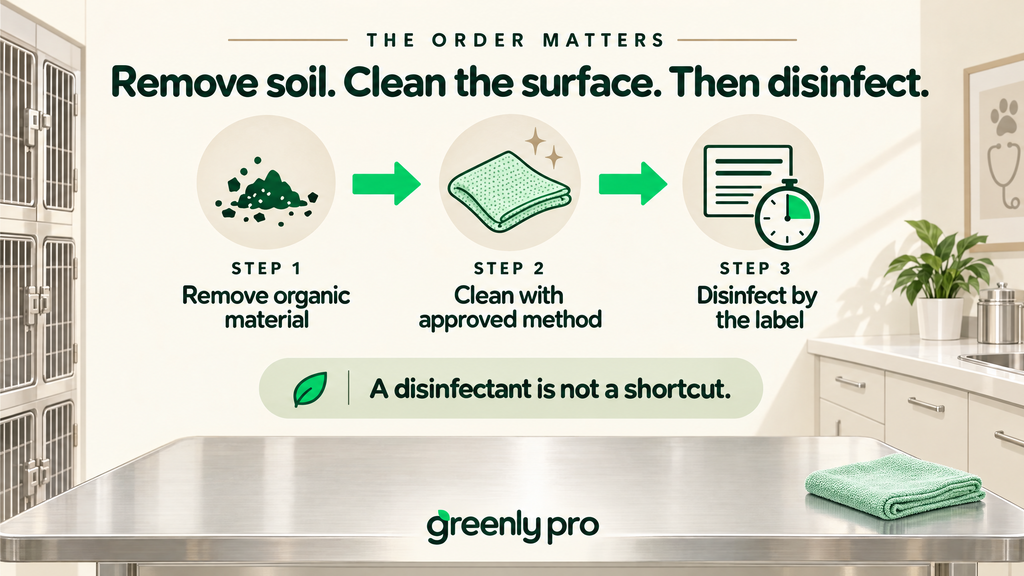 Three steps in order on a veterinary treatment surface: remove organic material, clean with an approved method, then disinfect by the label. A disinfectant is not a shortcut