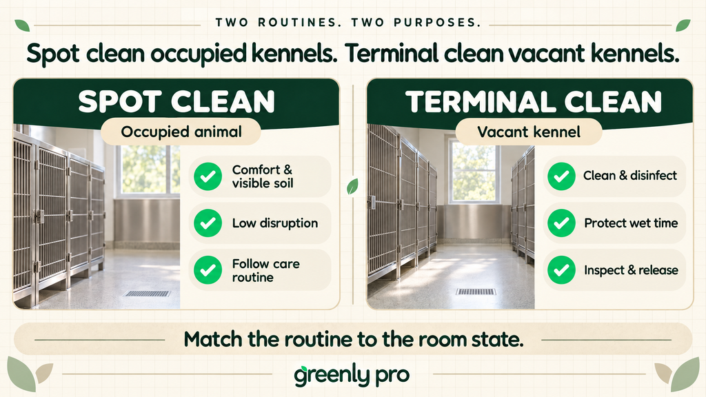 Spot clean versus terminal clean in a kennel run: spot cleaning handles comfort and visible soil in an occupied kennel, terminal cleaning disinfects a vacant one before release.