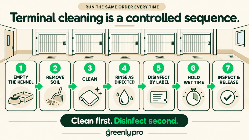Seven-step terminal kennel cleaning sequence: empty the kennel, remove soil, clean, rinse as directed, disinfect by label, hold wet contact time, then inspect and release