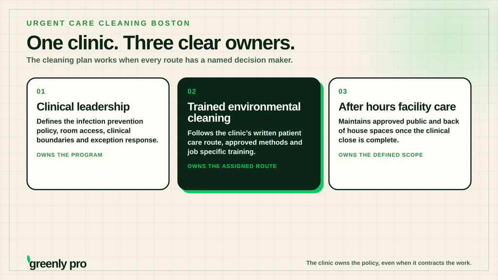 “Three named owners in an urgent care clinic: clinical leadership owns the infection prevention program, trained environmental cleaning owns the assigned route, and after hours facility care owns the defined scope
