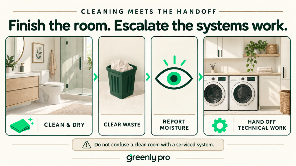Where cleaning ends and technical work begins: clean and dry the room, clear waste, report moisture, and hand off systems work to a trade.