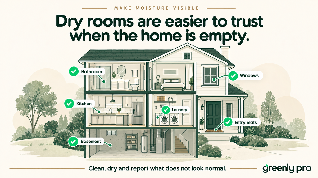 House cutaway marking moisture check points before closing for winter: bathroom, kitchen, laundry, basement, windows, and entry mats."