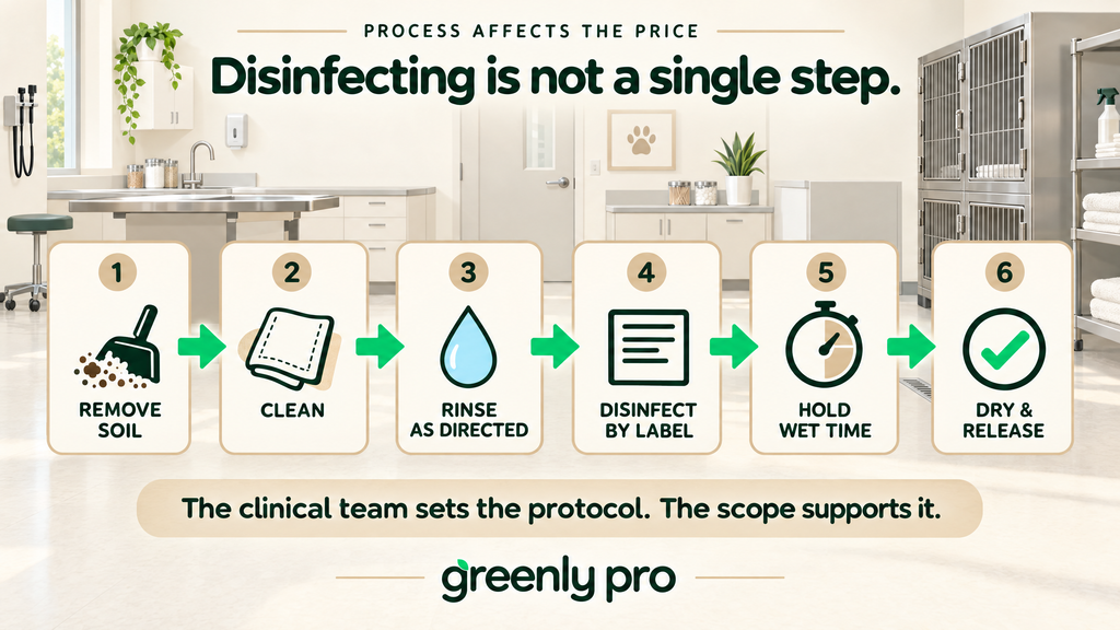 Six-step disinfecting sequence that affects clinic cleaning price: remove soil, clean, rinse as directed, disinfect by label, hold wet time, then dry and release