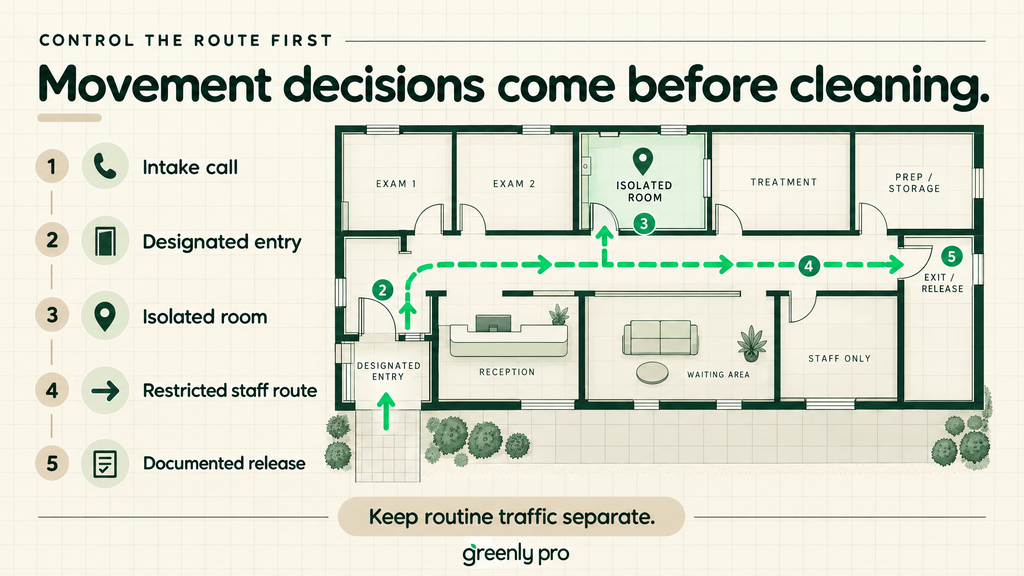 Clinic floor plan showing a controlled parvo route: intake call, designated entry, isolation room, restricted staff path, and documented release away from routine traffic.