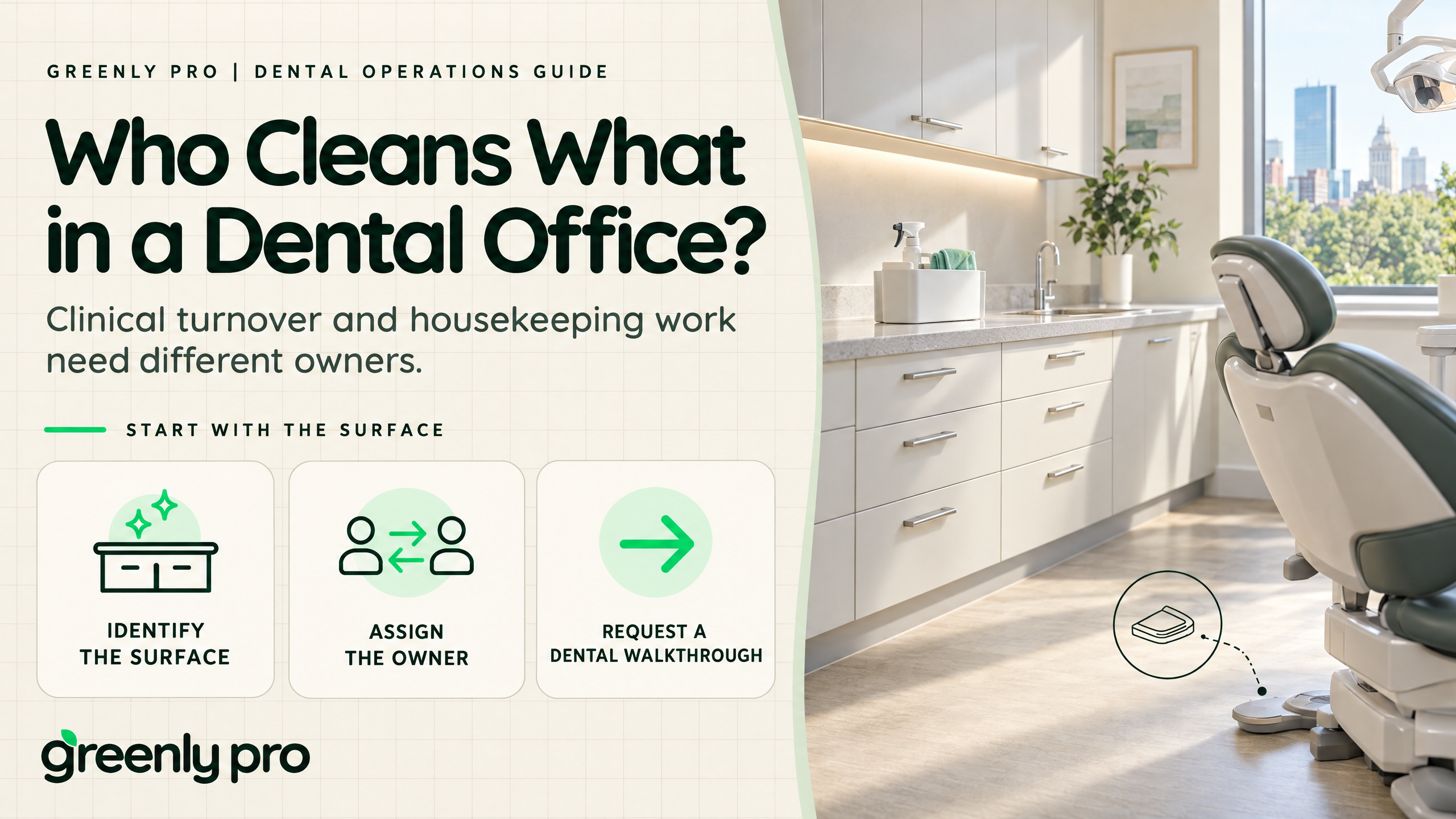 Who cleans what in a dental office cleaning? Greenly Pro operations guide to assigning clinical turnover and housekeeping work to different owners, starting with the surface.