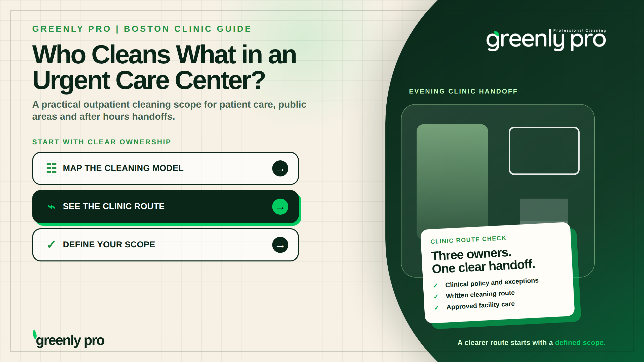 Who cleans what in an urgent care center? Greenly Pro Boston clinic guide to an outpatient cleaning scope for patient care, public areas and after hours handoffs